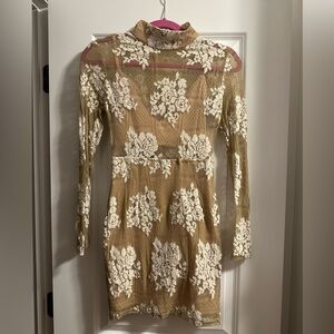 Missguided Floral Lace Long Sleeve Dress in Cream and Tan